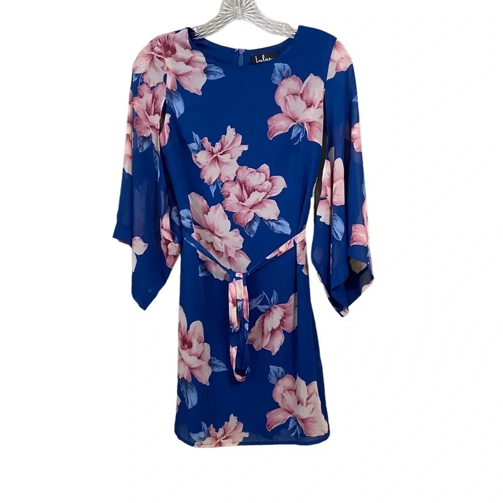 🆕 LULUS SZ XS Joyful Noise Denim Blue Floral Print Mini Dress - Picture 4 of 7